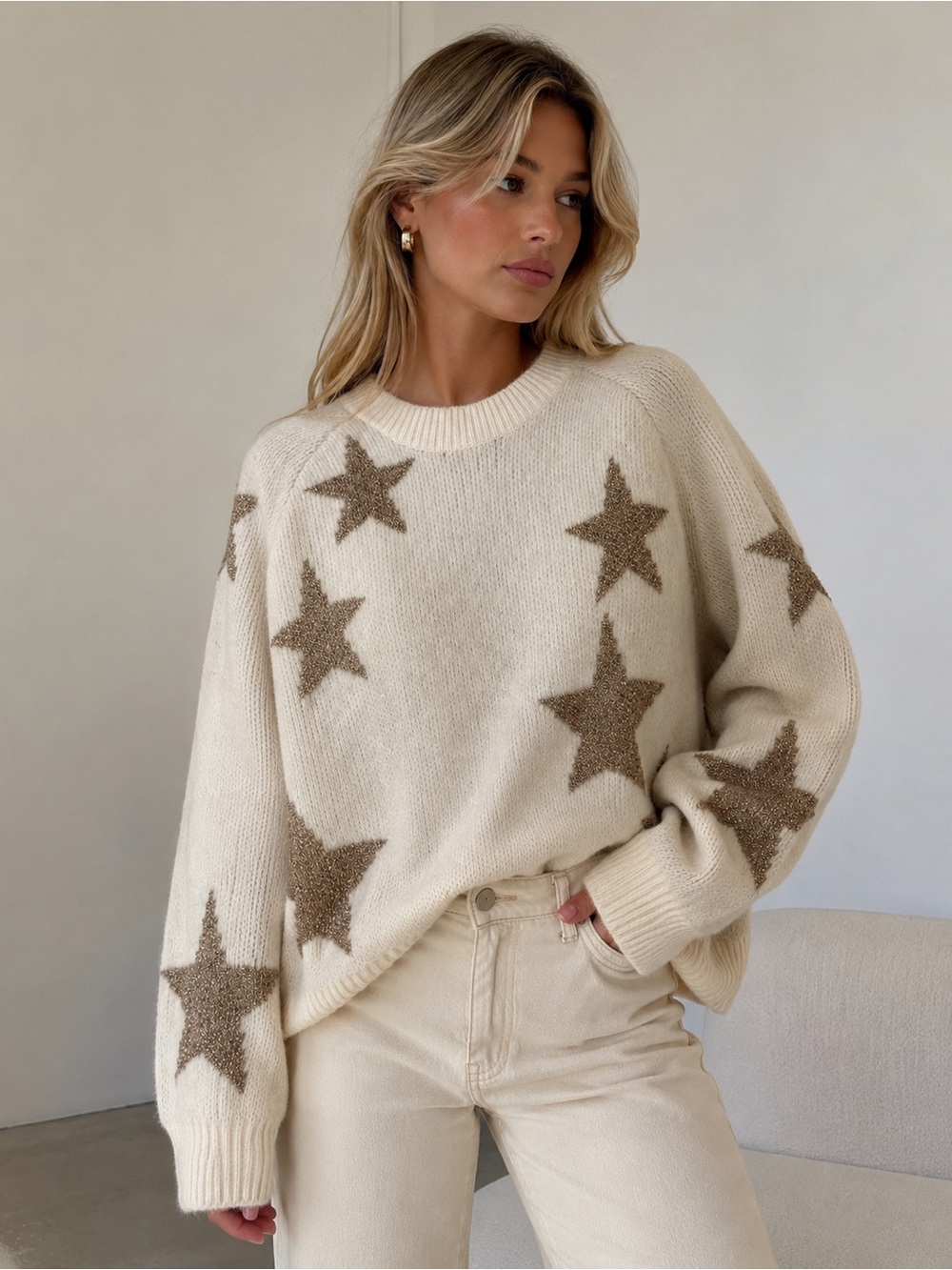 All Saints Cream Crewneck Sweater with Gold Star Motif